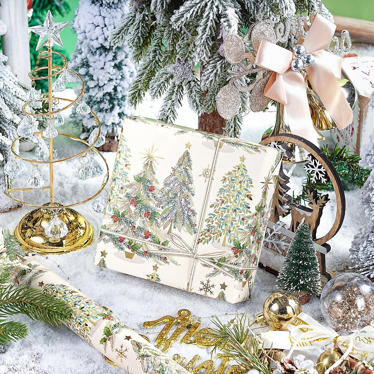 RUSEPEA Luxury Christmas Tree Wrapping Paper Roll, Mini Roll, Elegant Gold Foil Xmas Tree Gift Wrap Paper for Holiday Gifts, Party, DIY Crafts (17in x 16.4ft) RUSPEPA