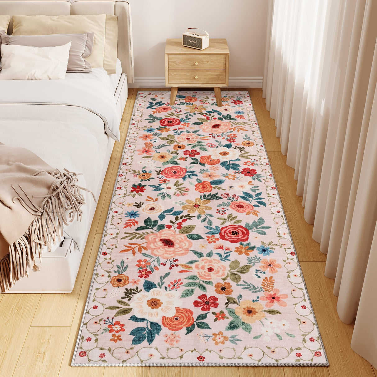 DUKINO 2x6 Runner Rug for Hallway, Washable Kitchen Runner Rug with Non Slip Backing, Low Pile Soft Boho Floral Runner for Kitchen, Hallway, Entryway, Laundry, Bedroom, Beige DUKINO