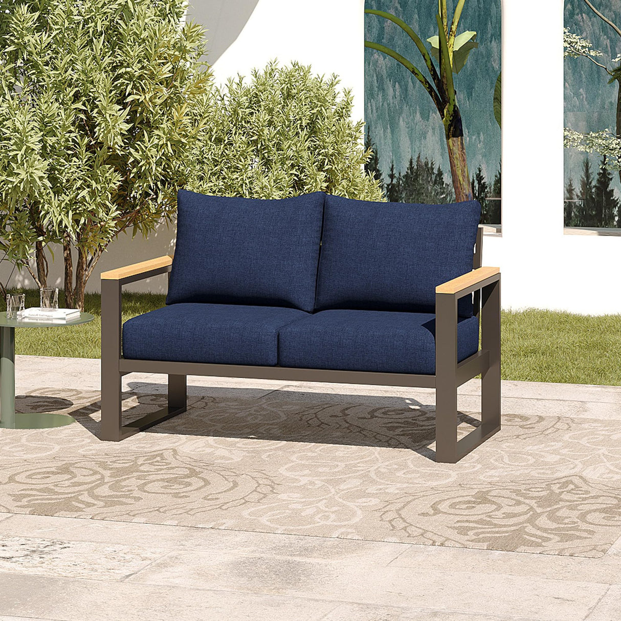 Sundale Outdoor Patio Furniture Aluminum Loveseat, All-Weather Outdoor Metal Sofa Couch with 6” Olefin Cushion & Dark Grey Frame, Outdoor Seating for Garden Deck Porch(Navy Blue) Sundale Outdoor