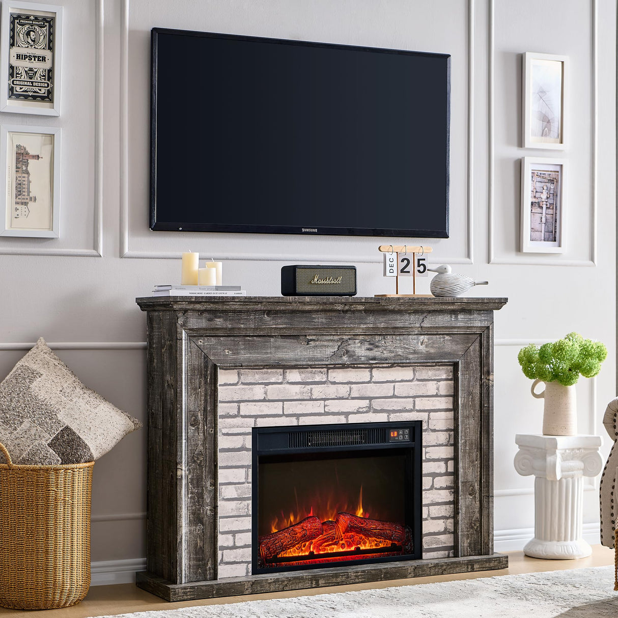 Aitjunz 45" Flip Top Electric Fireplace with Mantel, Electric Fireplace Heater, TV Stand with Freestanding Electric Fireplaces, Remote Control, Adjustable Flame Level for Living Room (Light Grey) Aitjunz