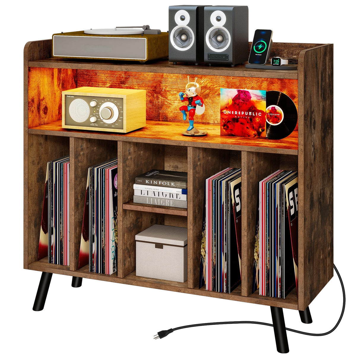 DWVO Large Record Player Stand, Turntable with Power Outlets & LED Lights, Vinyl Record Player Table with Album Storage, Turntable Stand with Record Storage Shelf for Living Room, Brown DWVO