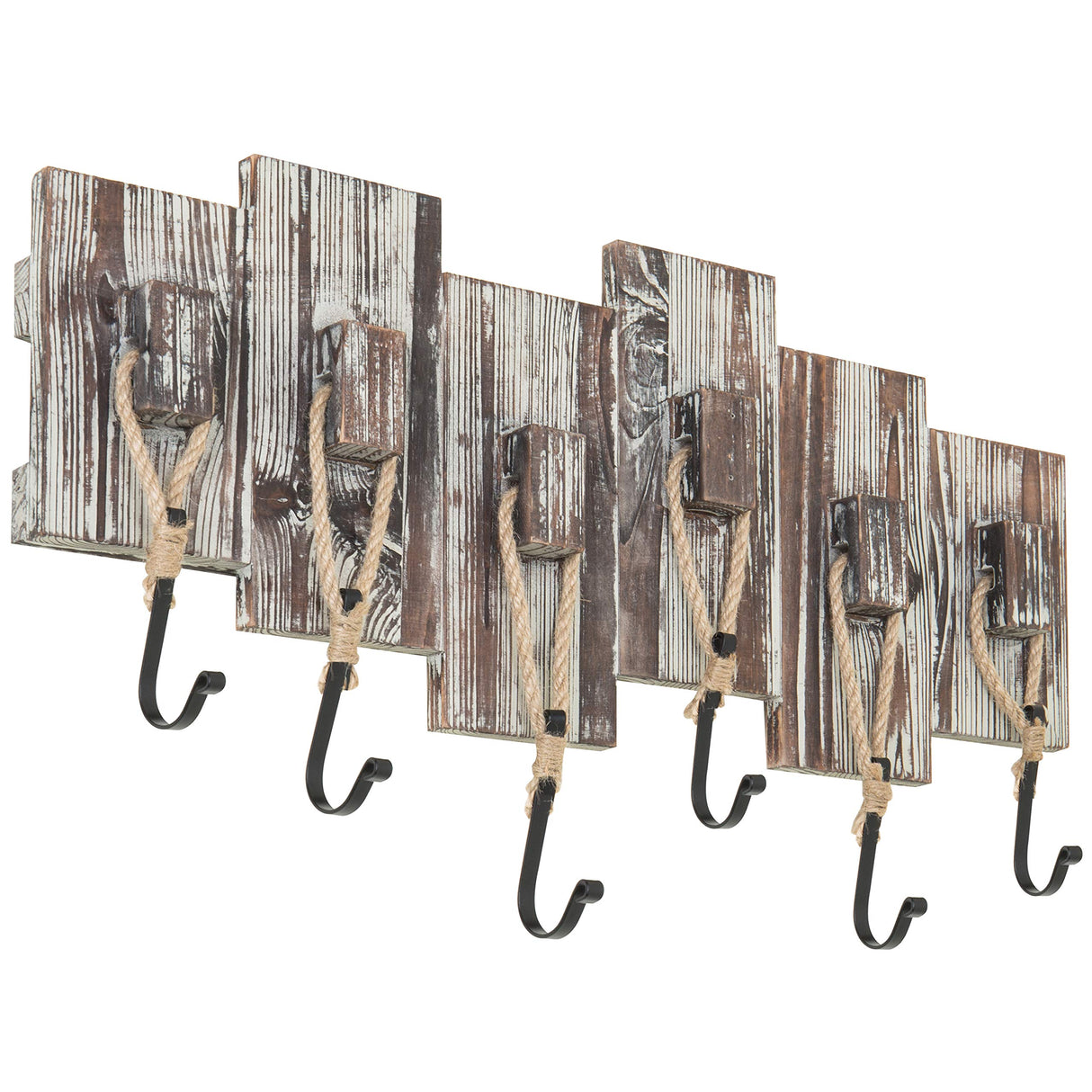 MyGift 6 Hook Wall Mounted Torched Wood Entryway Coat and Hat Rack, Decorative Nautical Style Rustic Rope Metal Hanging Storage Hooks on Offset Wooden Planks MyGift