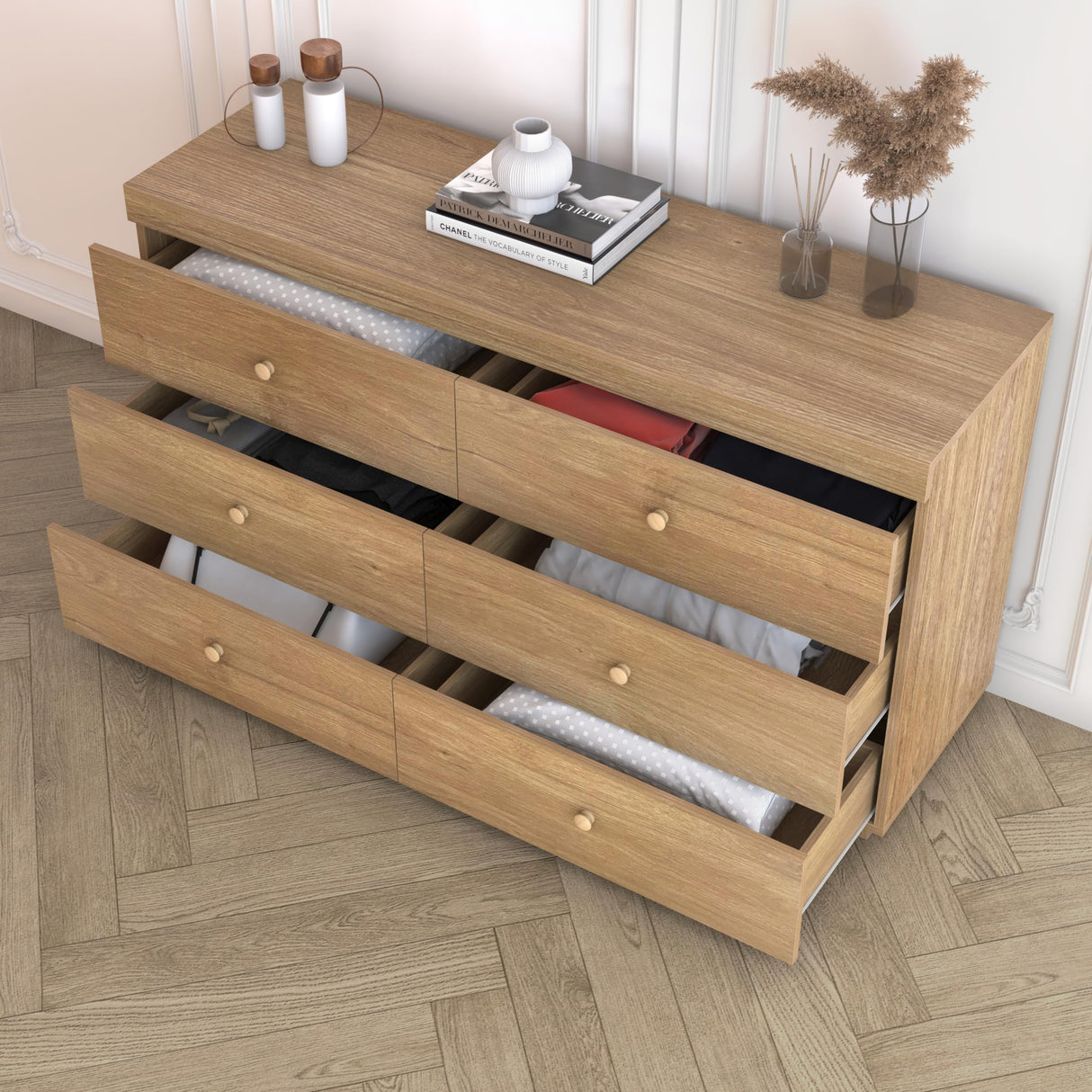 Zenflare Dresser for Bedroom 6 Drawer Wood Dresser 58.3" Wide, Large Chest of Drawers for Bedroom, Living Room, Hallway, Entryway, Modern TV Stand Drawer Organizer, Natural Oak Zenflare