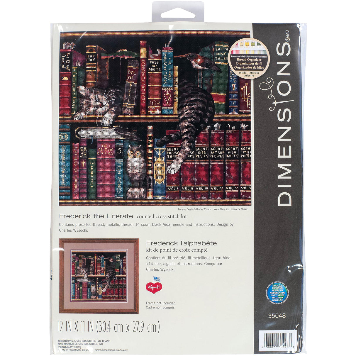 Dimensions 'Frederick the Literate' Snoozing Cat Counted Cross Stitch Kit, 14 Count Black Aida, 12" x 11" Dimensions