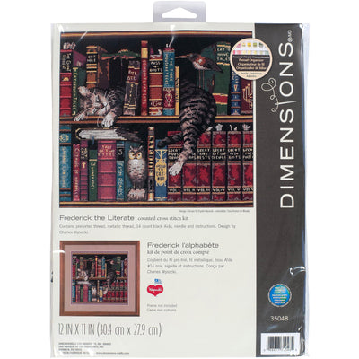 Dimensions 'Frederick the Literate' Snoozing Cat Counted Cross Stitch Kit, 14 Count Black Aida, 12" x 11"