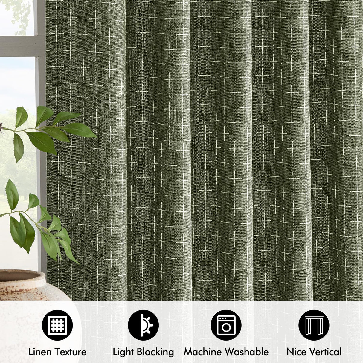 MIULEE Decorative Back Tab Linen Curtains with Geometric Pattern for Living Room Bedroom Farmhouse Rustic Thick Woven Textured Patterned Mudcloth Drapes 84 Inches Long 2 Panels Set, Olive Green MIULEE