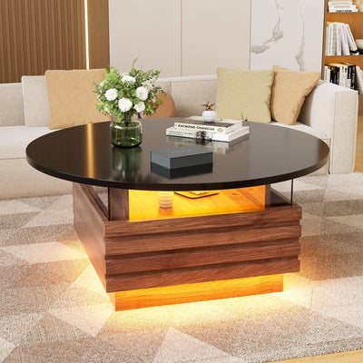 PAKASEPT 31.5" Black Round Coffee Table with LED Light, Modern LED Coffee Tables with 2 Sliding Drawers, Wood Center Table for Reception Home Dining Room
