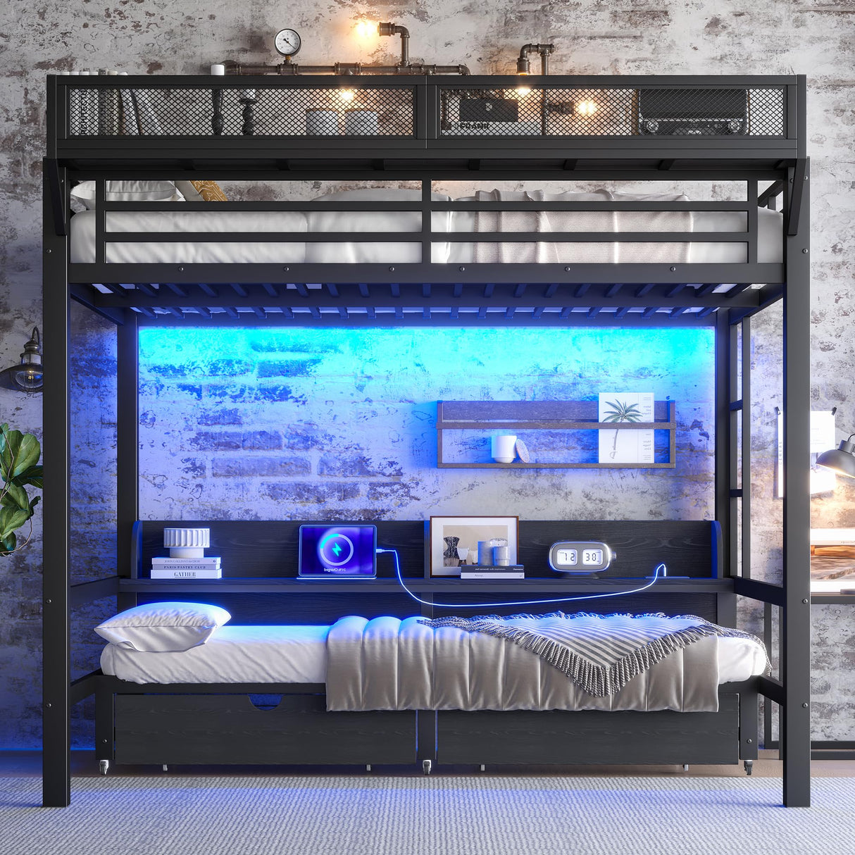 Queen over Queen Bunk Bed with Storage Drawers and Shelves, Metal Bunk Beds with USB Ports and LED Lights, Lower Bed that can be converted into a sofa for Bed Room,Guest Room,Dormitory.(Black) Harper & Bright Designs