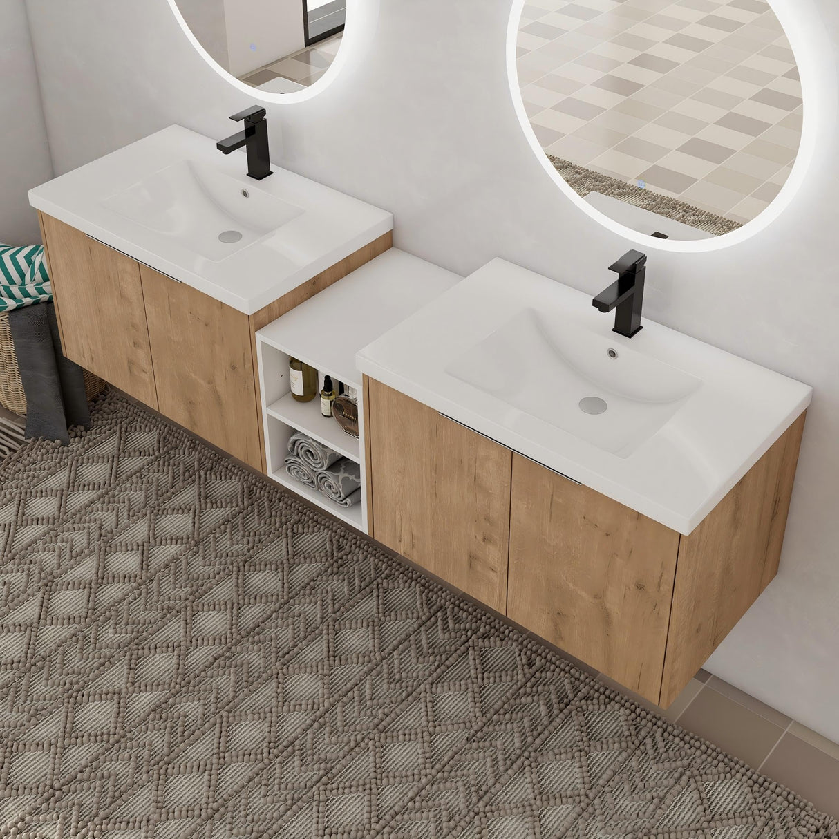 72" Bathroom Vanity with Sink, 72 Inch Floating Vanity, Double Sink Wall Mounted Vanity Combo, Modern Brown Bathroom Vanity Set with 4 Doors and White Basin Sink Mocoastn
