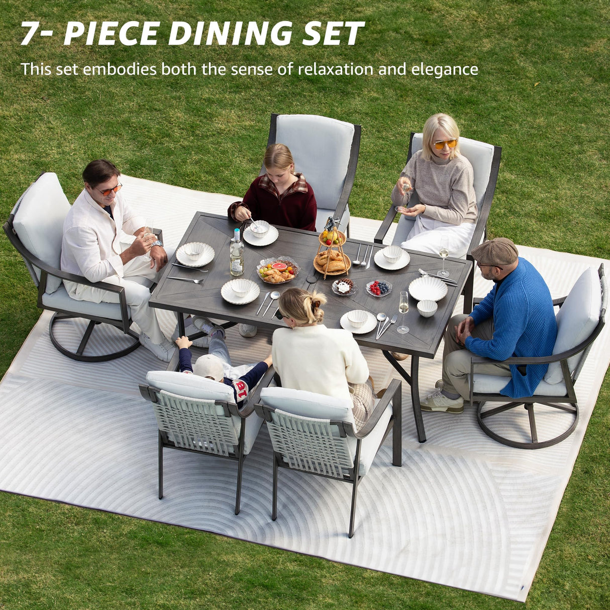 NATURAL EXPRESSIONS 7 Piece Patio Dining Table Outdoor Furniture Set for 6, 4Pcs Fixed and 2Pcs Swivel Patio Dining Chairs with Olefin Cushions, 65”Large Dining Table with Umbrella Hole NATURAL EXPRESSIONS