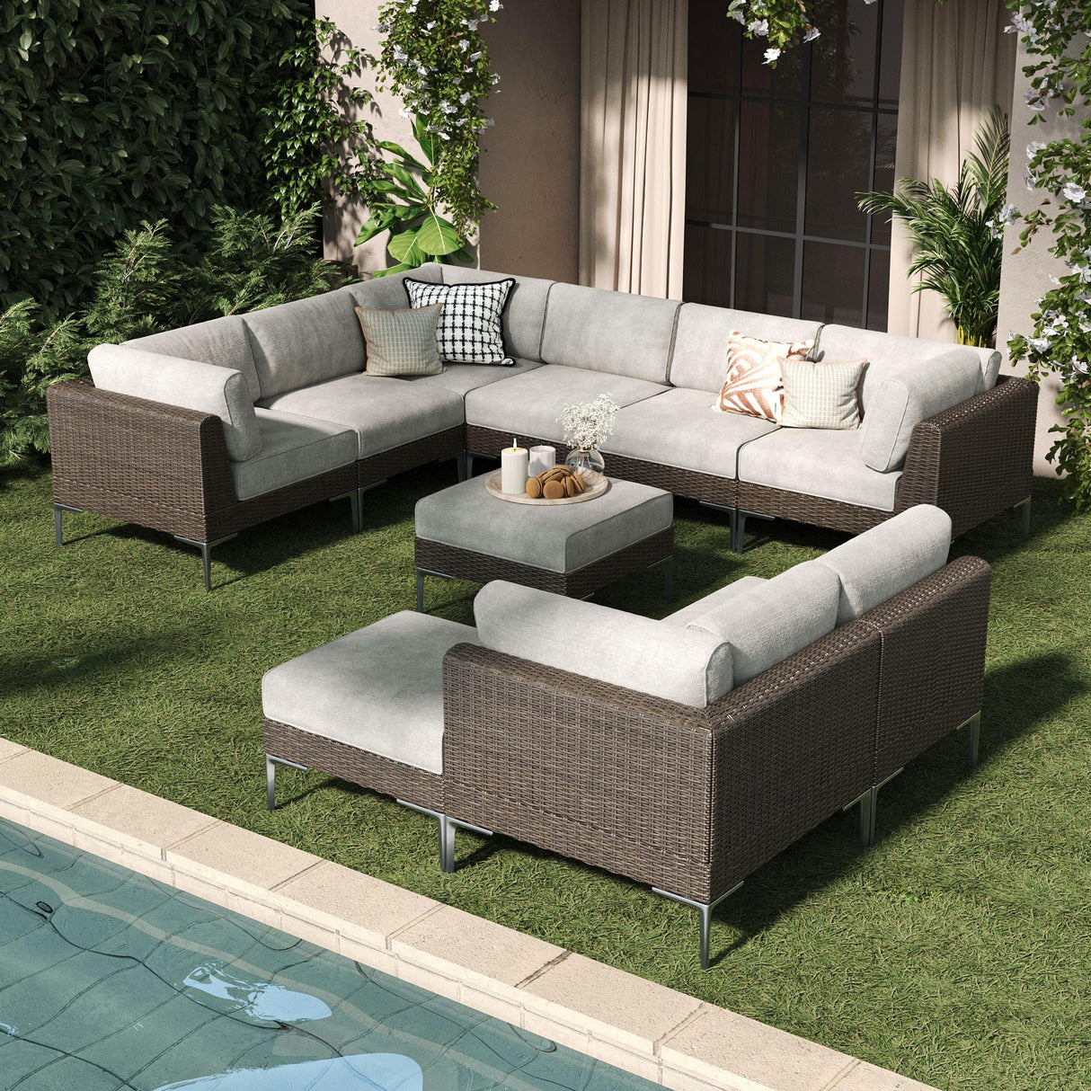 LayinSun 10-Piece Wicker Rattan Patio Furniture Set, Deep Seating Outdoor Modular Sectional Sofa Conversation Set with Thick Cushions for Lawn, Garden LayinSun