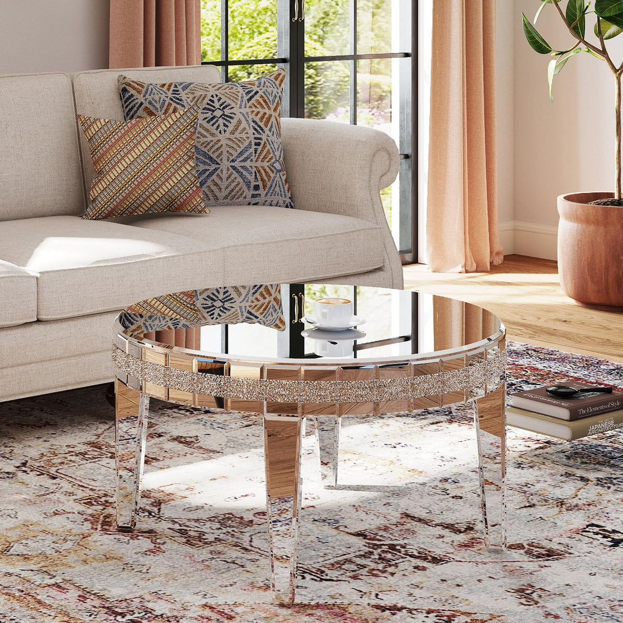 COSVALVE Silver Coffee Tables for Living Room Round with Luxury Mirror Surface, 31.5 Inches Mirrored Coffee Table with Legs & Crystal Inlay, Center Table Cocktail Table for Reception COSVALVE