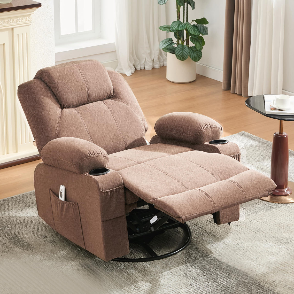 Weture Swivel Rocker Recliner Chair with Heat and Massage, 360 Degree Swivel Rocking Single Sofa with Cup Holders and USB Port, Big Oversized Recliner Chair for Living Room (Fabric, Brown) Weture