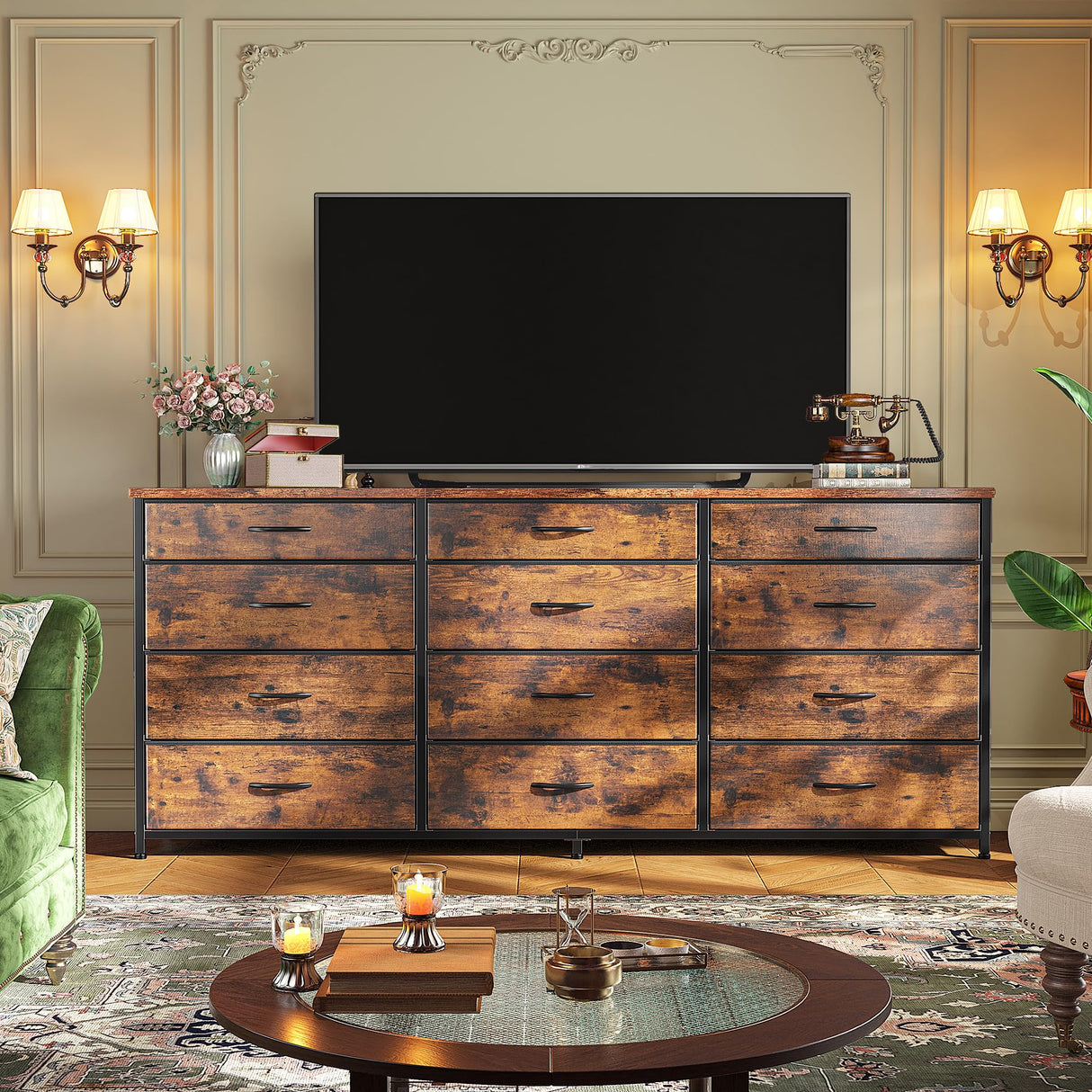 Romorgniz 55" Dresser for Bedroom with 12 Fabric Drawers, Entertainment Center for 60 inch TV Dressers & Chests of Drawers Large Organizer, Living Room, Metal Frame, Wood Top, Rustic Brown Romorgniz