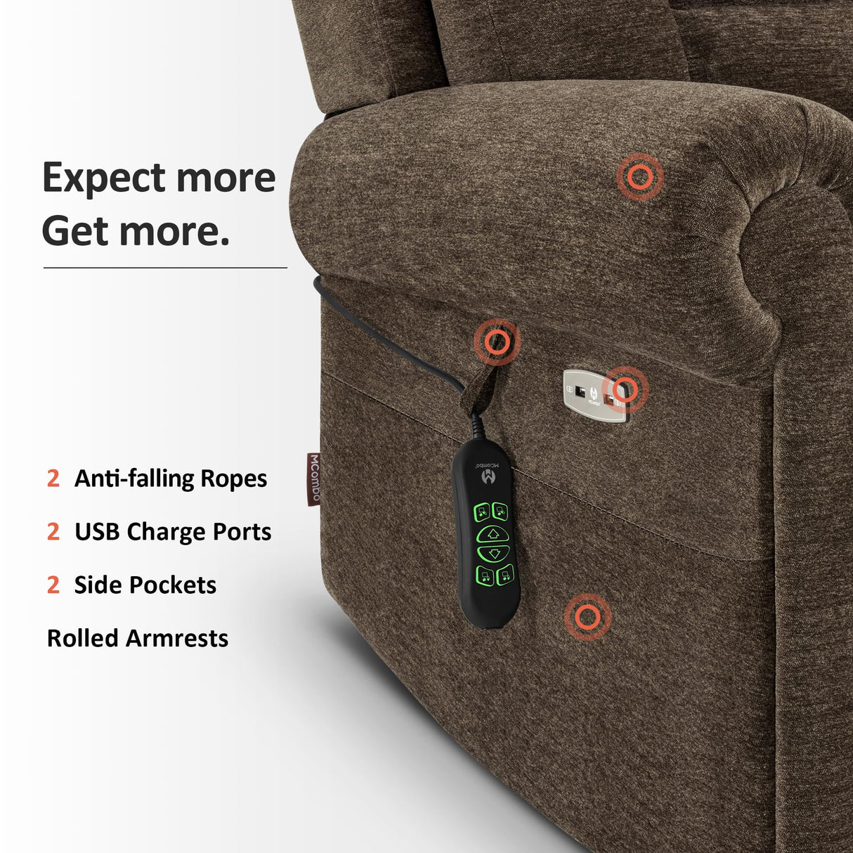 MCombo Triple Motor Power Lift Recliner Chair with Massage and Lumbar&seat Heating, Rolled Arms, Adjustable Headrest for Elderly People, Fabric 7888 (Coffee, Medium) MCombo