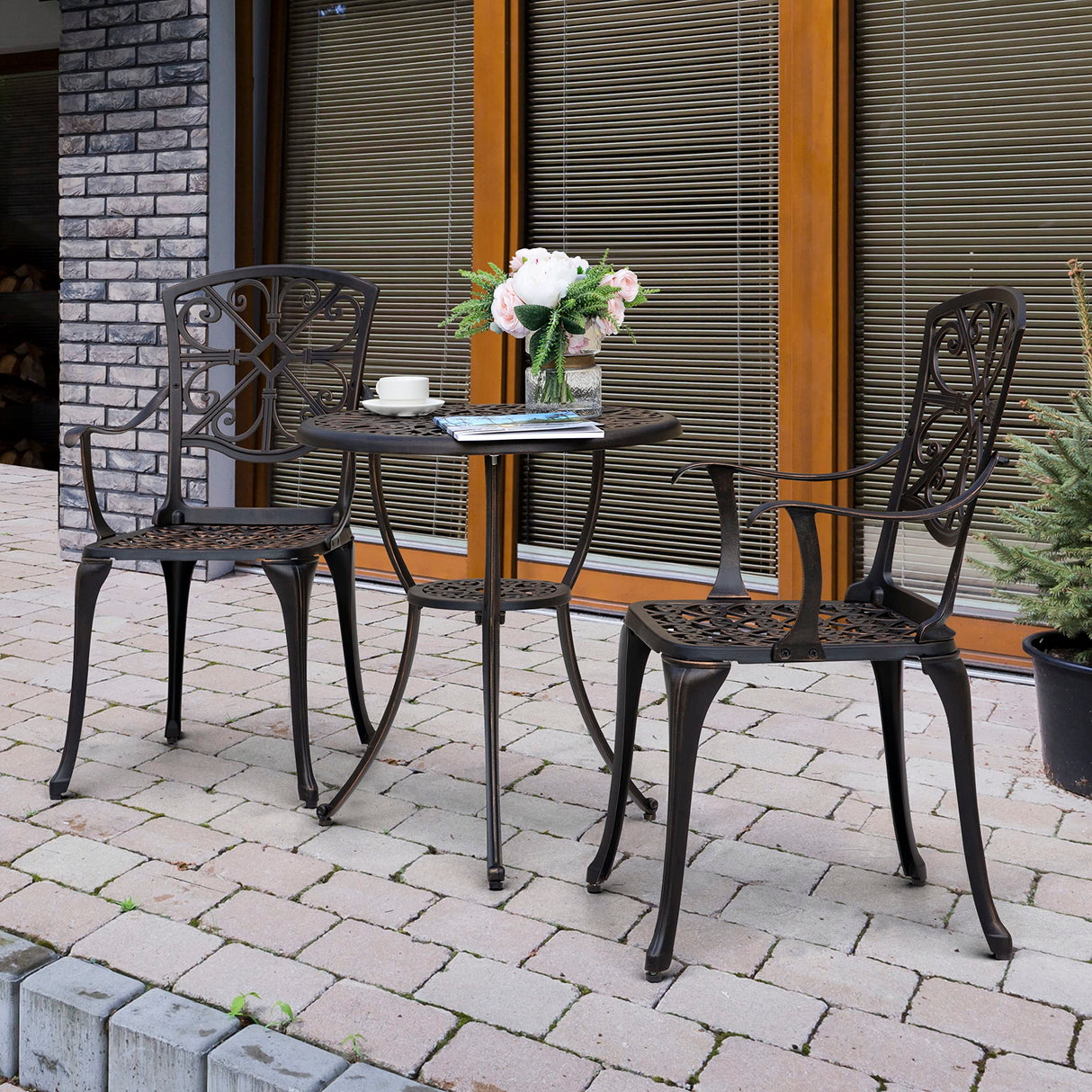 NUU GARDEN 3 Piece Outdoor Bistro Set Cast Aluminum Patio Set Bistro Table Set Rustproof Patio Table and Chairs with Umbrella Hole for Backyard, Balcony, Front Porch, Black NUU GARDEN
