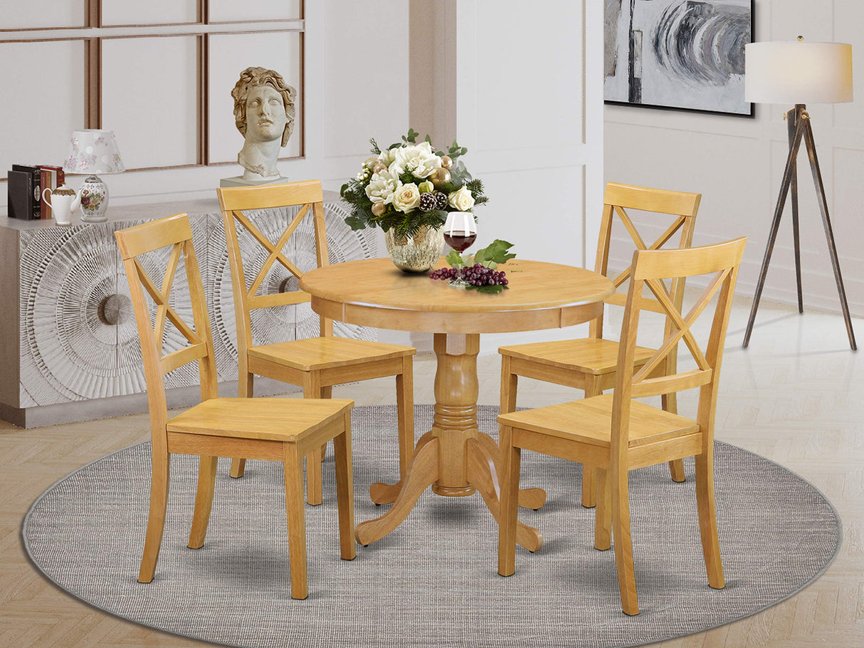 East West Furniture ANBO5-OAK-W 5 Piece Modern Dining Table Set Includes a Round Kitchen Table with Pedestal and 4 Dining Chairs, 36x36 Inch, Oak East West Furniture