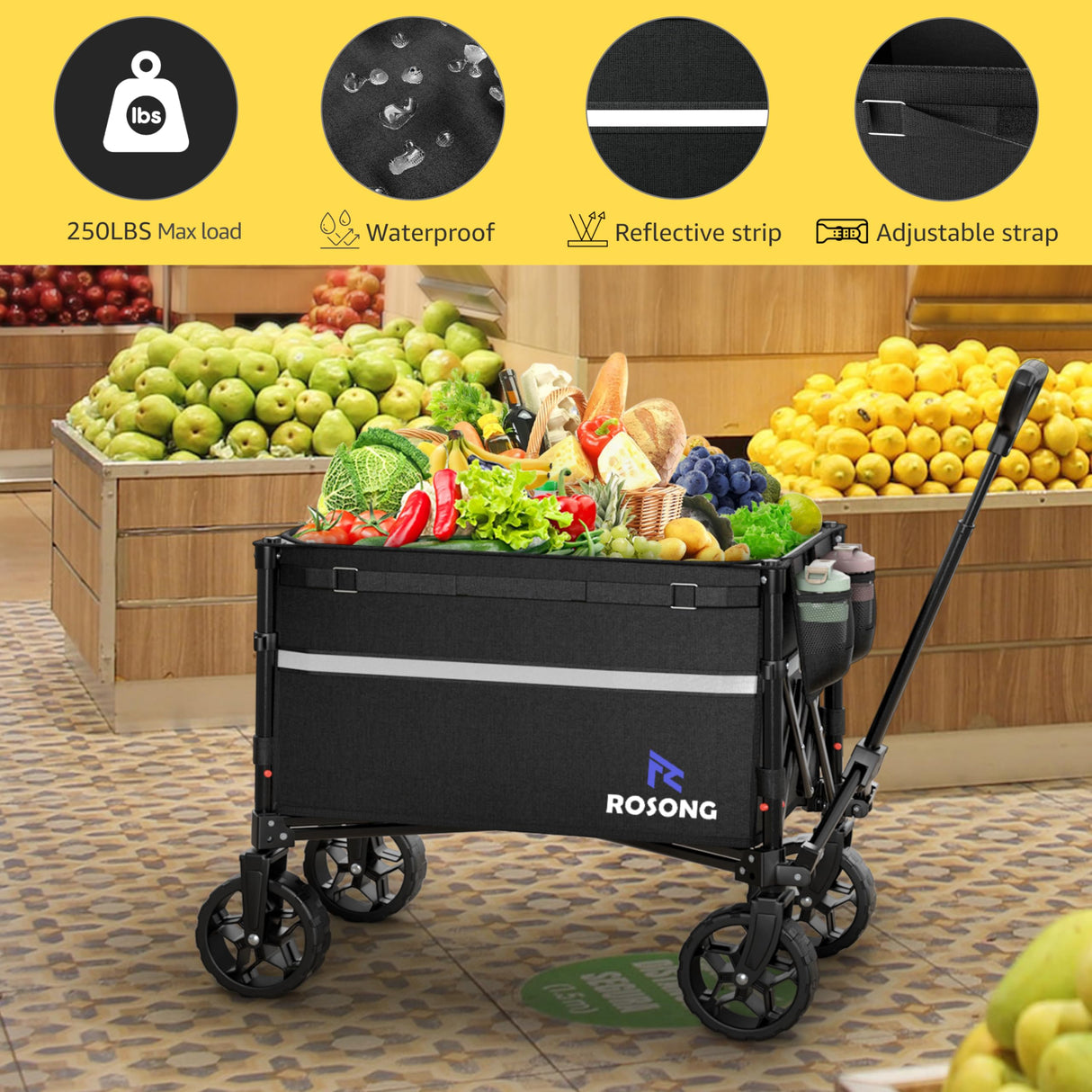 ROSONG Collapsible Wagon Cart with Wheels Foldable - Folding Utility Heavy Duty Wagons Carts for Grocery Sports Garden Shopping Camping ROSONG