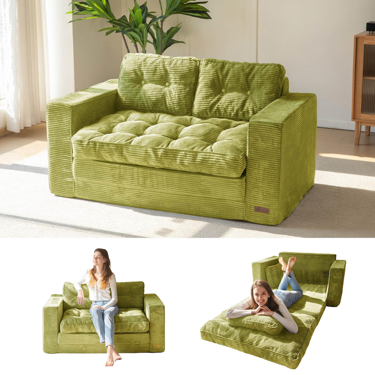 MAXYOYO Convertible Sofa Bed, Pull Out Loveseat Sleeper Sofa, 2 in 1 Folding Couch Bed, Fold Out Floor Couch with Pillows for Living Room Bedroom Lounge, Green MAXYOYO