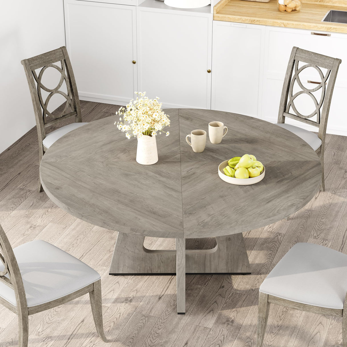 IDEALHOUSE 47" Round Dining Table Set for 4 to 6, Farmhouse Kitchen Table with Wooden Top and Pedestal Base, Circle Dinner Table for Dining Room, Kitchen Room - Grey (No Chairs) IDEALHOUSE