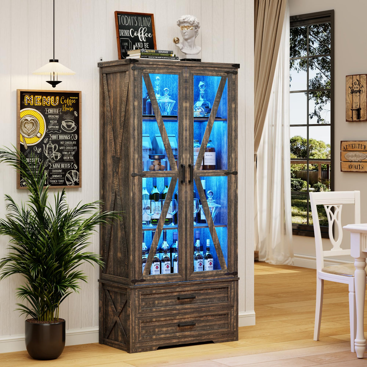 FREDEES Rustic Brown Farmhouse Storage Cabinet with Adjustable Shelves and LED Display FREDEES
