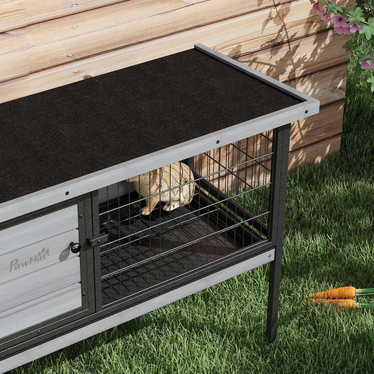 PawHut Rabbit Hutch Elevated Bunny Cage Small Animal Habitat with Metal Frame, No Leak Tray, Metal Wire Pan and Openable Water-Resistant Asphalt Roof for Indoor/Outdoor Gray PawHut