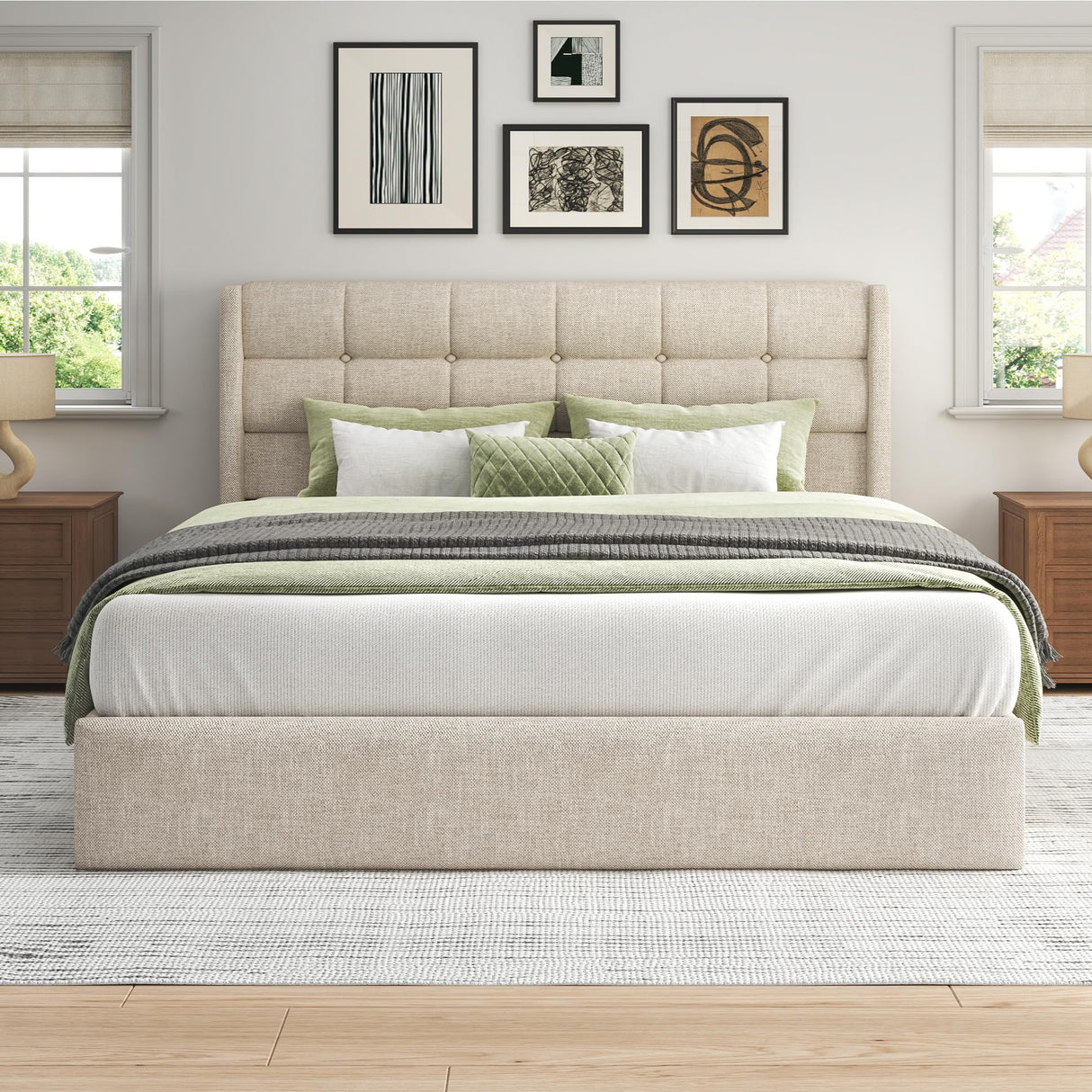 Lifezone Queen Size Storage Bed Frame with Hydraulic Lift & Wingback Headboard, Linen Upholstered, Space Saving Platform, No Box Spring Needed, Noise Free, Strong Support, Modern Furniture, Beige Lifezone