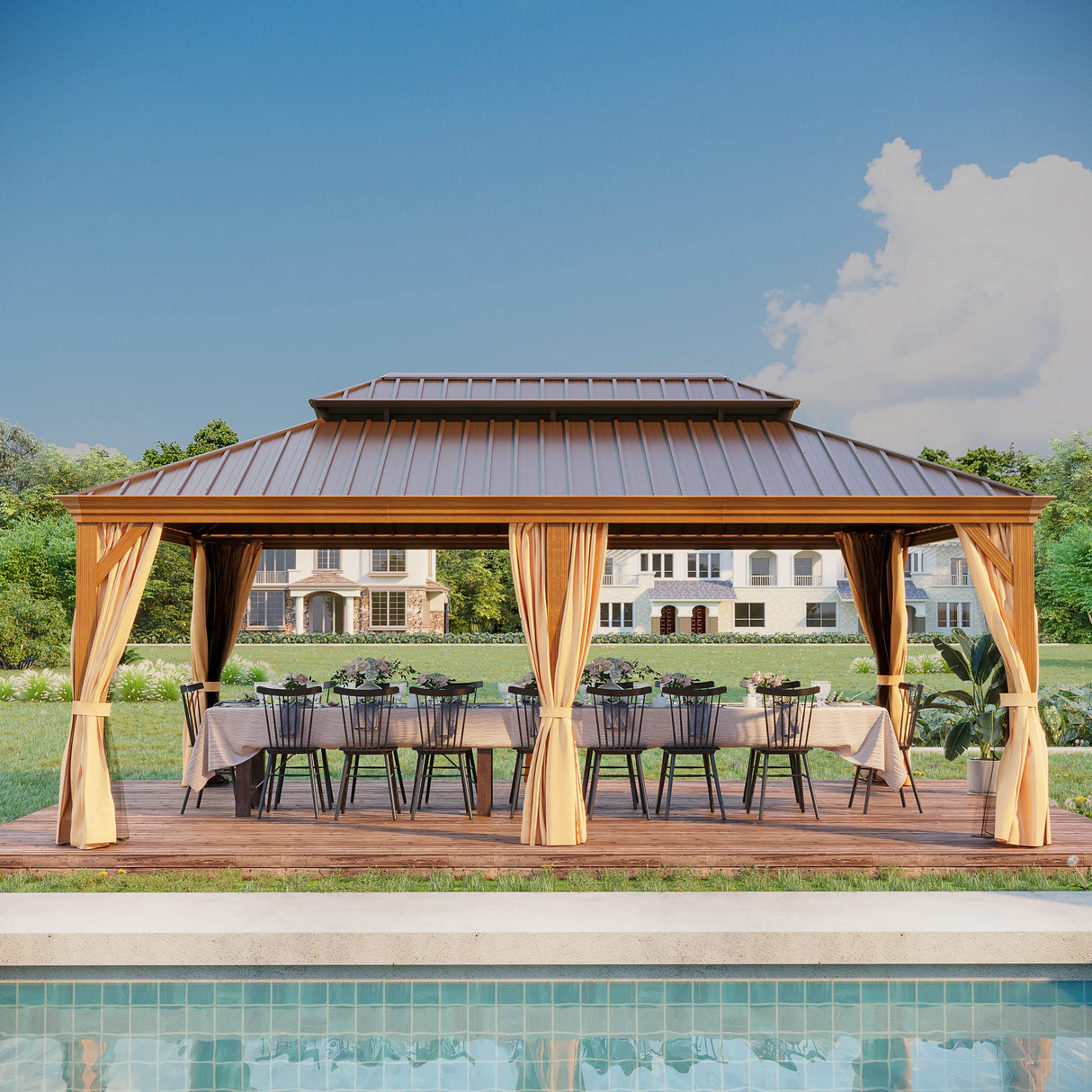 GAZEBEST 14' X 20' Hardtop Gazebo Outdoor Aluminum Patio Gazebo Double Roof Galvanized Steel Gazebo Canopy Wooden Finish Coated with Netting and Curtains,for Garden Patio,Patio Backyard,Deck and Lawns GAZEBEST