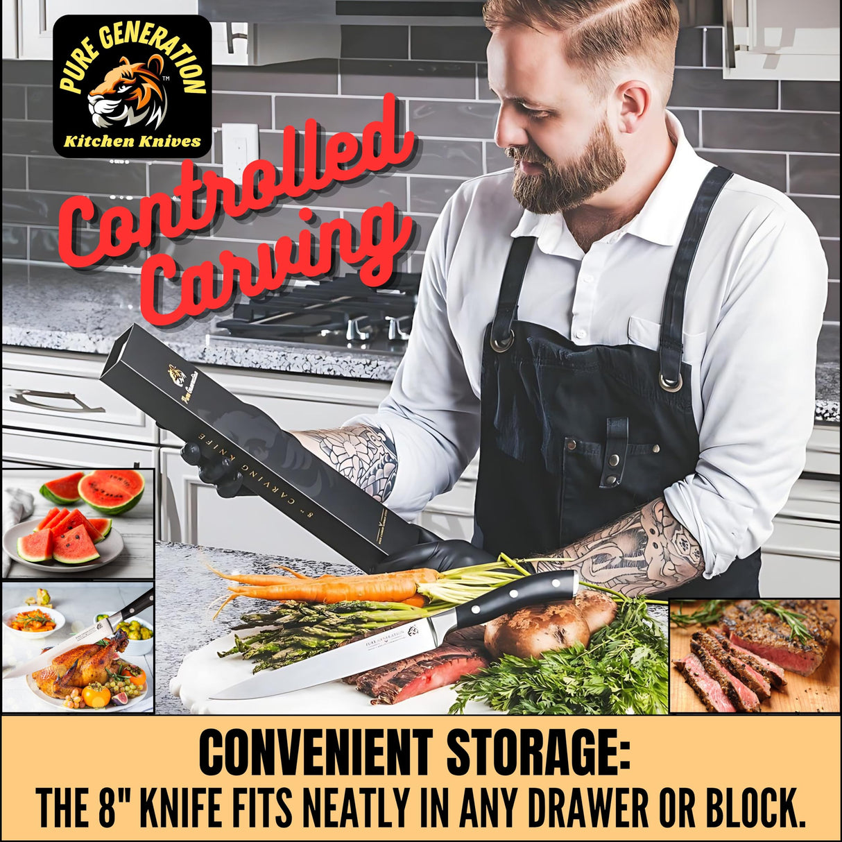 Pure Generation 8" Carving Knife - Brisket Knife, Razor Sharp German Steel BBQ Meat Slicing Knife for Turkey, Ham & Fruit with Ergonomic Handle Pure Generation