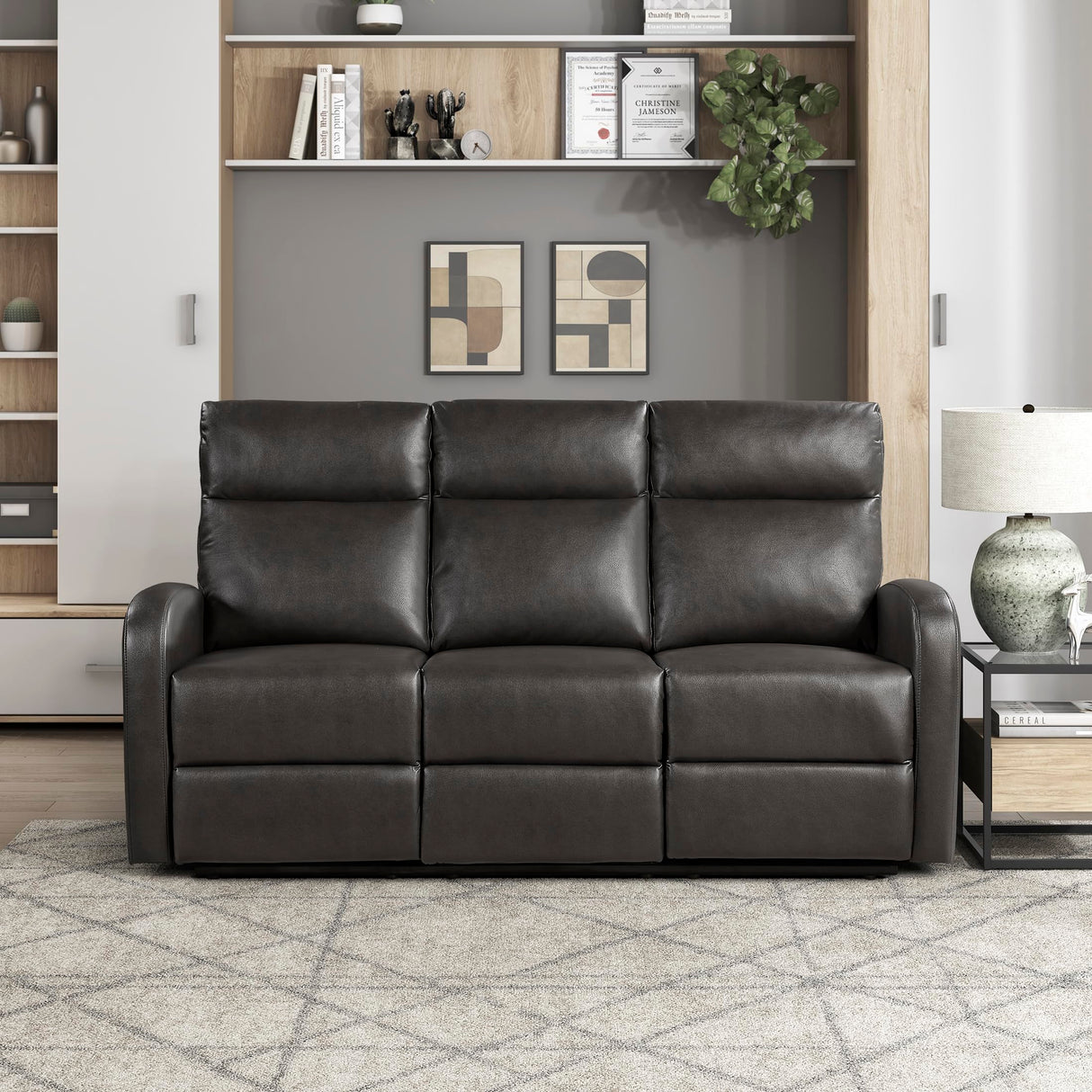 Lexicon Manual Reclining Sofa, Faux Leather Recliner Sofa, Wall Hugger, Track Arms, Magazine Pockets, Manual Dual Recliners Couch for Living Room/Office/Apartment, Easy Assembly, Espresso Lexicon