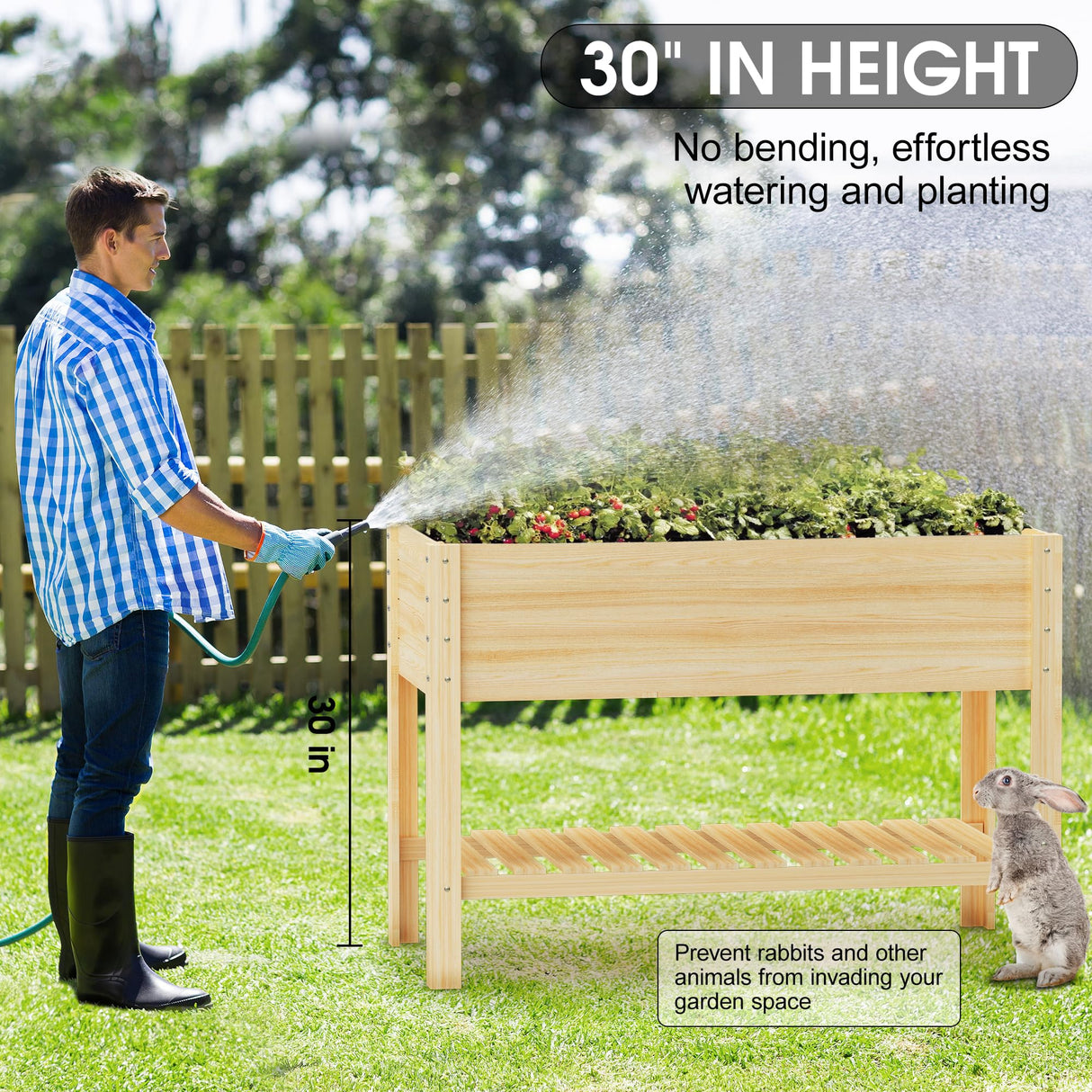 Highpro Wooden Raised Garden Bed with Legs, 48x24x30in Elevated Planter Box Stand Outdoor with Large Storage Shelf and Bed Liner for Backyard, Patio, Natural Cedar Wood Highpro