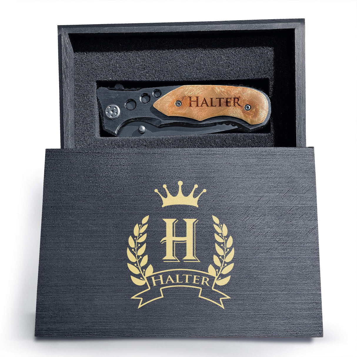 Krezy Case Engraved Black Pocket Knife, Customized Knife For Men, Hunting Knife, Personalized Engraved Pocket Knife With Wooden Box, Folding Knife With Pocket Clip Krezy Case