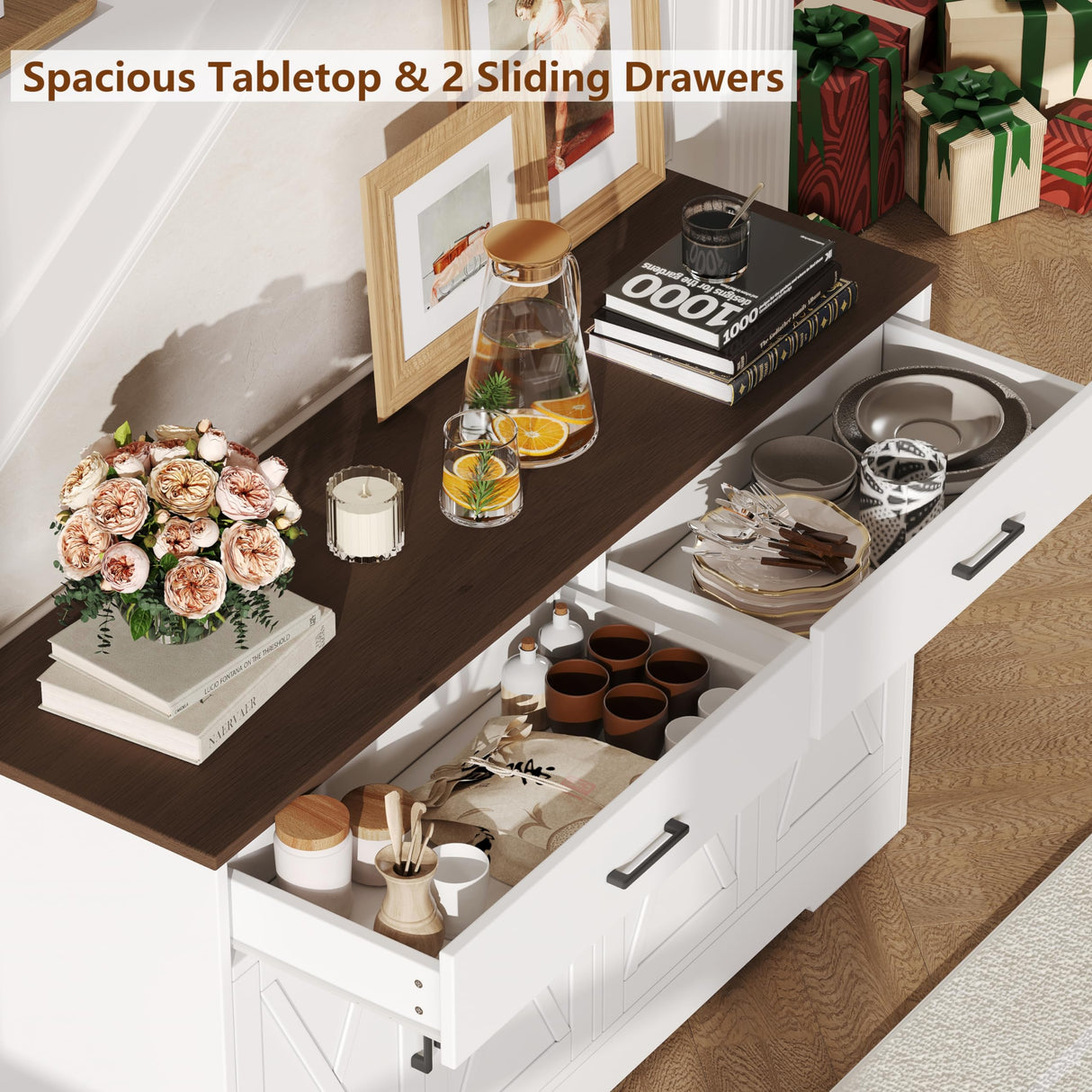 Rovaurx Farmhouse Sideboard Buffet Cabinet with Storage, Kitchen Storage Cabinet with 2 Drawers & 4 Barn Doors, Wooden Coffee Bar Cabinet Console Table for Kitchen, Dining Room, White KBG003W Rovaurx