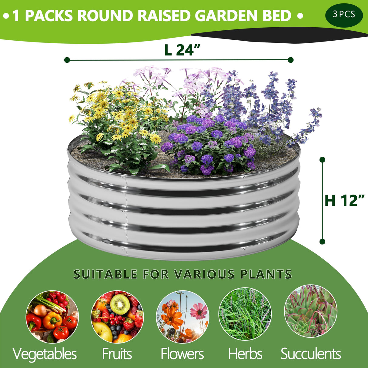 DIIYIV 3PCS 2x2x1FT Galvanized Raised Garden Bed Kit,Vegetable Boxes-Round Metal Flower Box,Large Planter Raised Beds Outdoor Garden for Planting,Fruit,Herb-Sliver DIIYIV