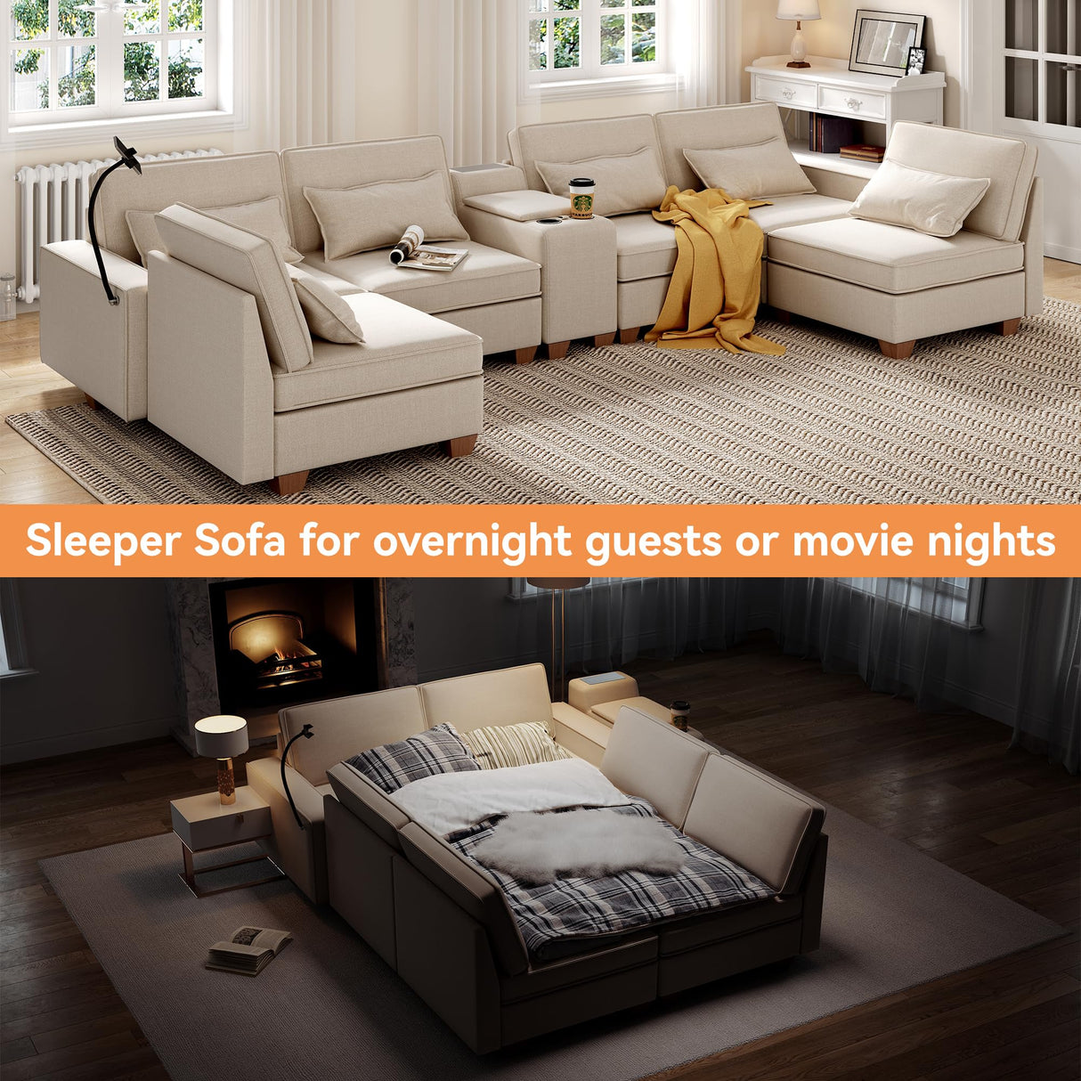 Modular Sectional Sofa, Sectional Couches for Living Room, L/U Shaped Sofa with Storage and Phone Holder, Modular Couch with Multi-Functional Console, USB Charging, Cup Holders (Beige, 6-seats) Pingliang Home