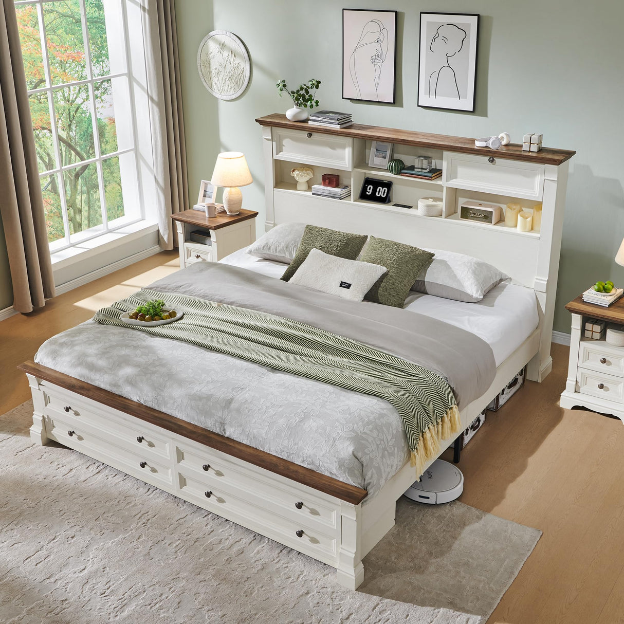 Farmhouse King Size Bed Frame with 54" Tall Storage Bookcase Headboard, Wood Platform Bed Frame with 2 Drawers & 18" Tall Roman Column Decoration Footboard, No Box Spring Needed(Antique White) T4TREAM