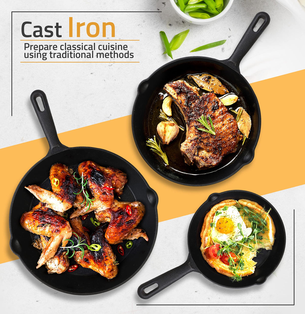 Utopia Kitchen Saute Fry Pan - Pre-Seasoned Cast Iron Skillets Set 3-Piece Frying Pan comprised of 6", 8", and 10" Cast Iron Pan - Easy Use in the Oven, Stove, Grill, or Campfire - Black Utopia Kitchen