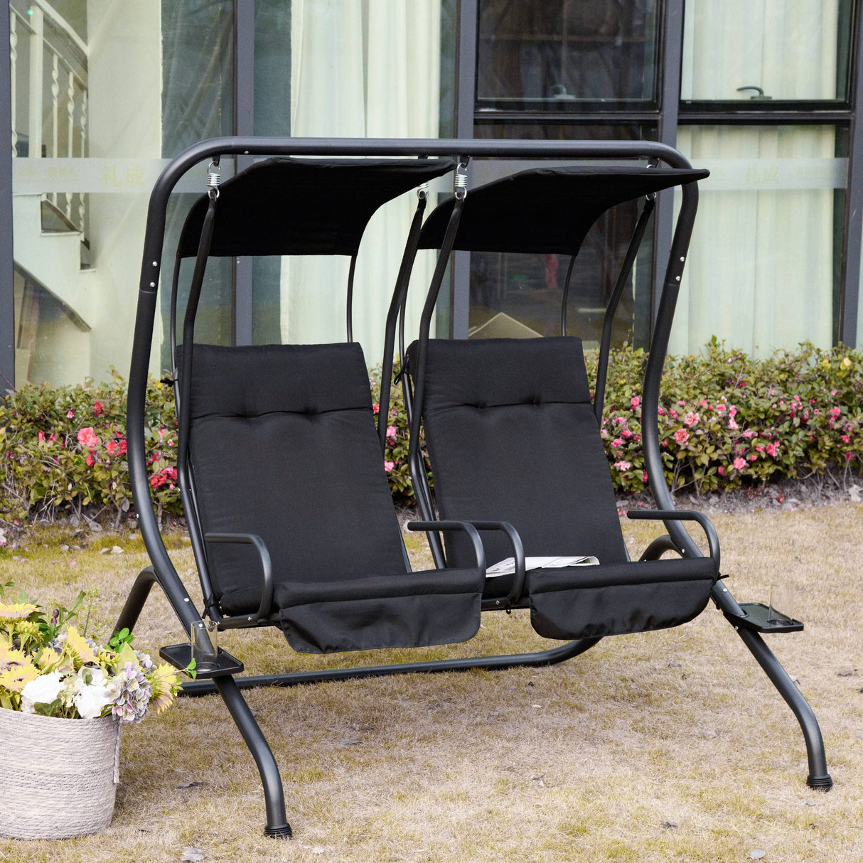 Outsunny Patio Swing Chair with 2 Separate Seats, Outdoor Swing Glider with Removable Canopy and Cup Holders, for Porch, Garden, Poolside, Backyard, Black Outsunny