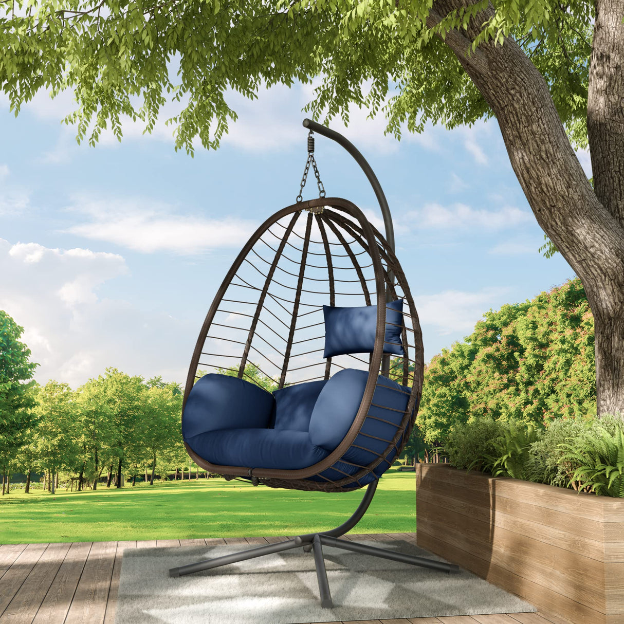 ALAULM Egg Swing Chair Outdoor Indoor Wicker Rattan Hanging Chair with Stand 350lbs Capacity w/Strong Frame & Dark Blue Cushions for Patio Balcony Bedroom ALAULM