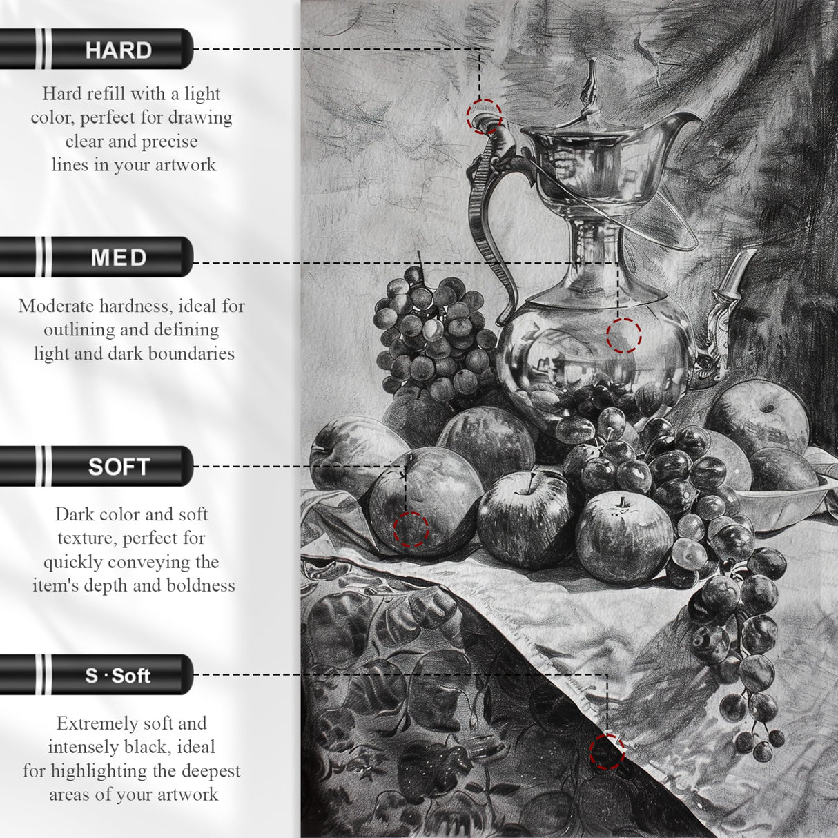 Charcoal Pencils for drawing, Set of 12, Charcoal Drawing Pencils (S-Soft, Soft, Medium, Hard), Art Supplies for Artist, Sketching, Shading Aenir