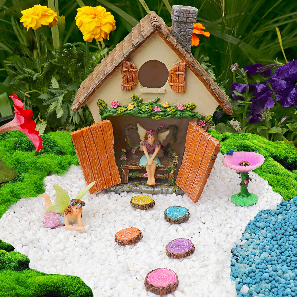 Meadow & Oak Fairy Garden House Kit - Complete with Fairy Garden Accessories, Butterly Seat, Bird Bath, Stepping Stones, Magnetic Door Closure for Indoor/Outdoor Fairy House Meadow & Oak
