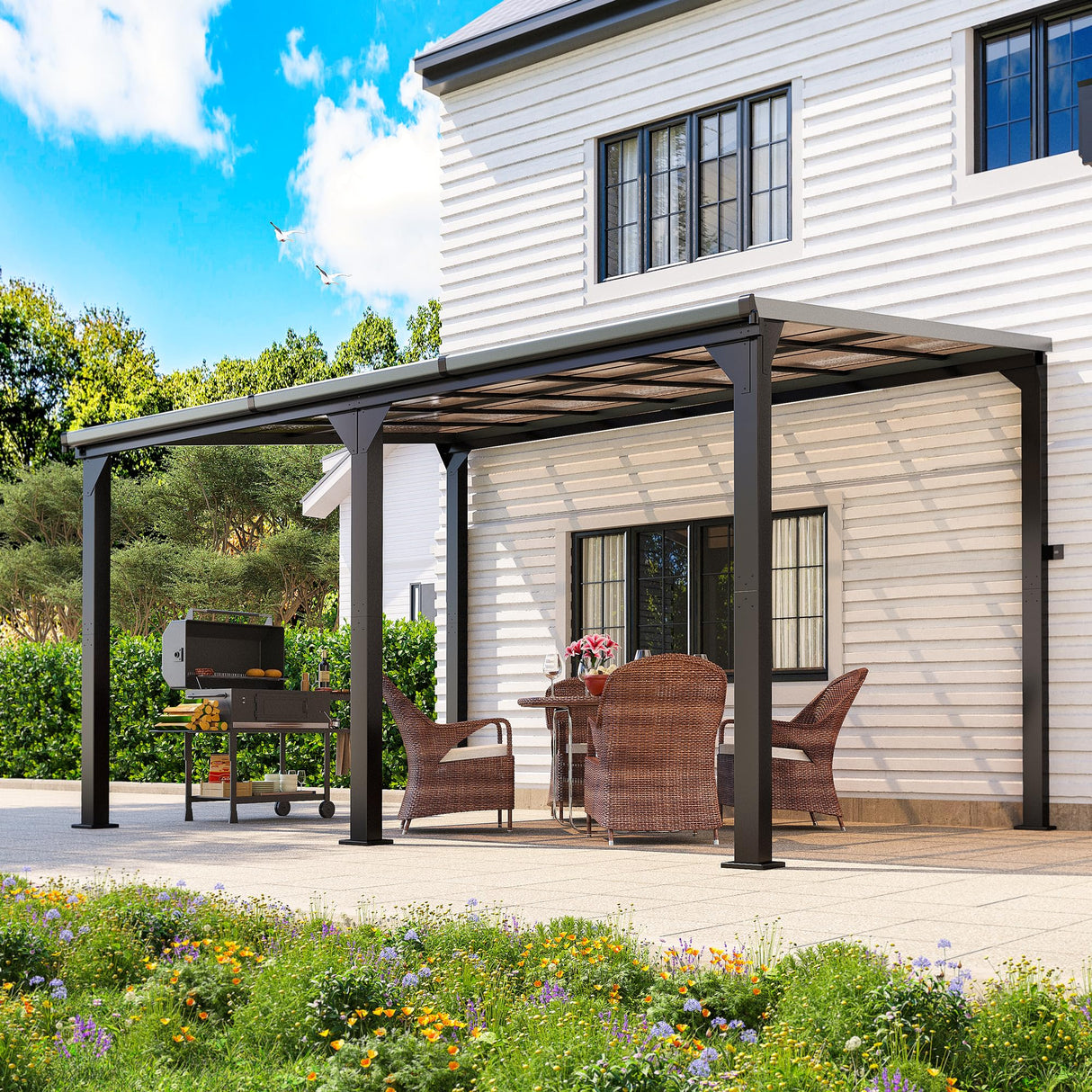 Pamapic 10 * 14FT Wall Mounted Gazebo,4*4 Inch Thickened Pillars & Enlarged Base,Outdoor Hardtop Lean to Pergola,UV Resistant Polycarbonate Roof,Aluminum Frame Pergola,Outdoor Patio Awnings for Lawn Pamapic