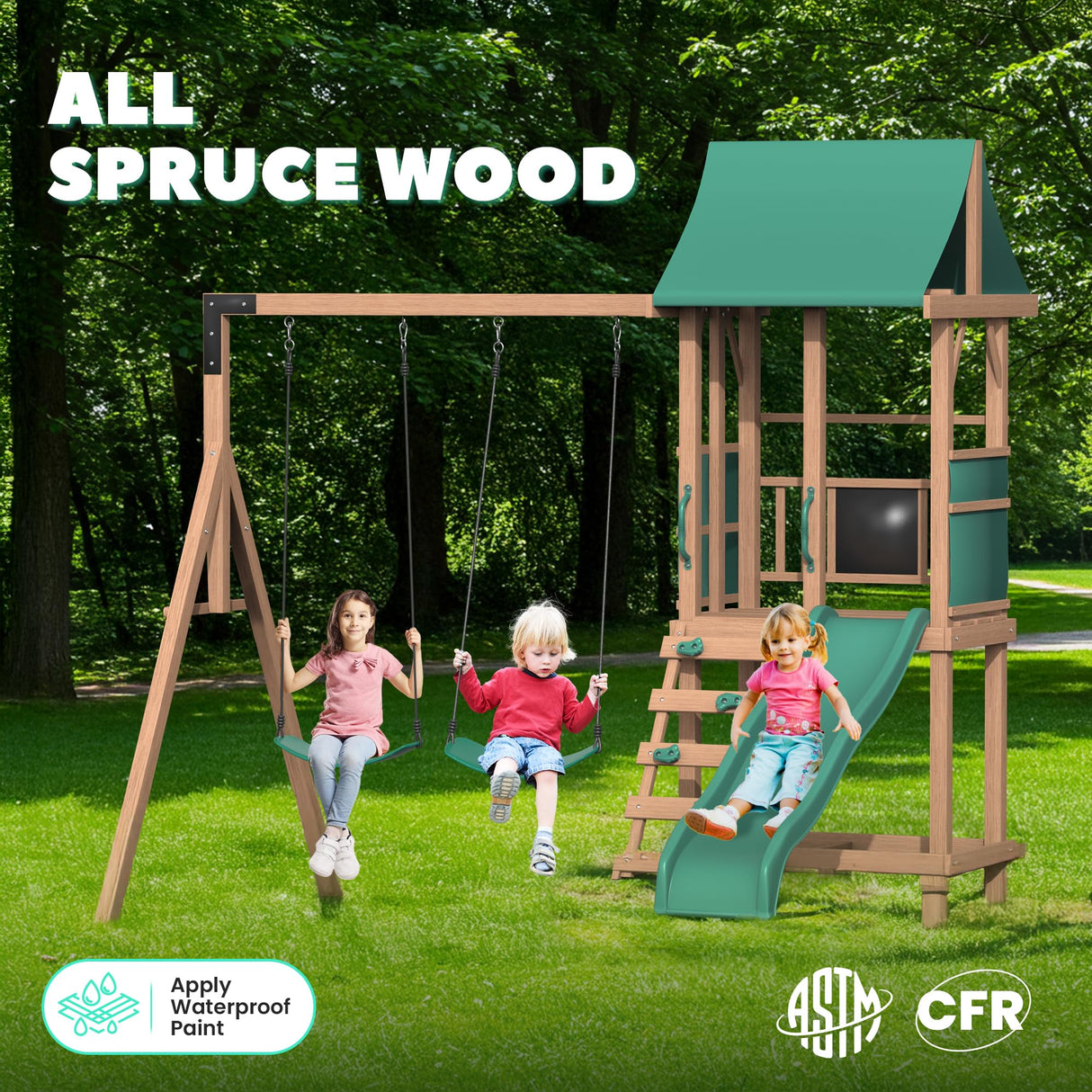 All Spruce Wooden Swing Sets for Backyard for Kids 3-12, Swingset Outdoor for Kids, Outdoor Kids Swing Sets for Backyard with 2 Belt Swings, Slide, Climber, Sandbox Area, Blackboard, Play Deck BUPPLEE