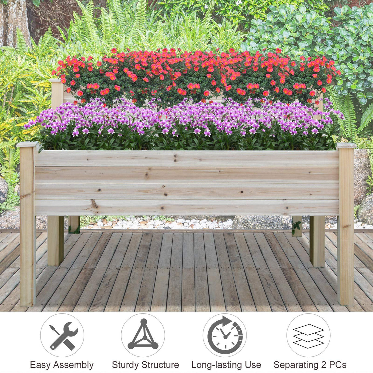 Outsunny 2 Tier Raised Garden Bed, Elevated Wooden 2 Box Planter, Gardening Grow Stand, Planting Bed for Flowers, Vegetables, Herb, Natural Outsunny