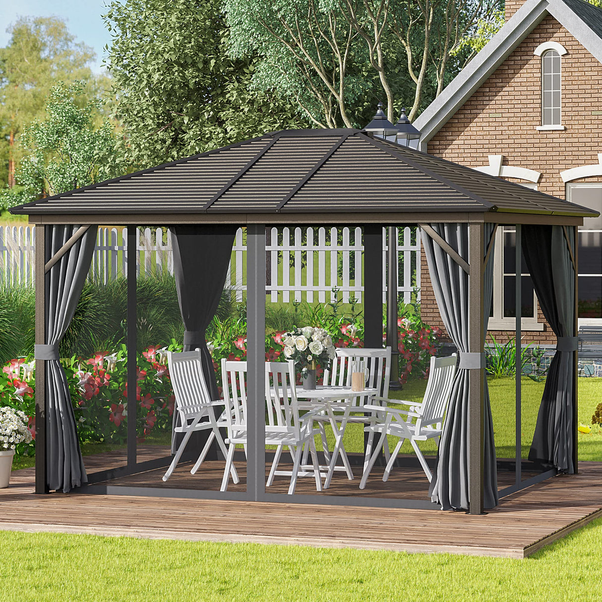 Outsunny 10' x 12' Hardtop Gazebo with Curtains and Netting, Permanent Pavilion Metal Single Roof Gazebo Canopy with Aluminum Frame and Hooks, for Garden, Patio, Backyard, Dark Gray Outsunny