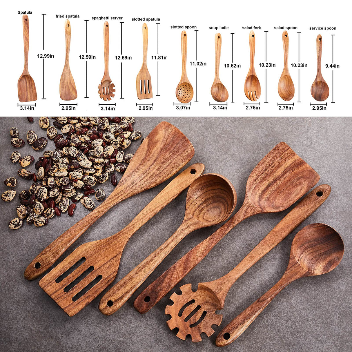 Wooden Kitchen Utensils Set,GUDAMAYE 9 PCE Natural Teak Wooden Spoons For Non-stick Pan for Cooking, Gudamaye