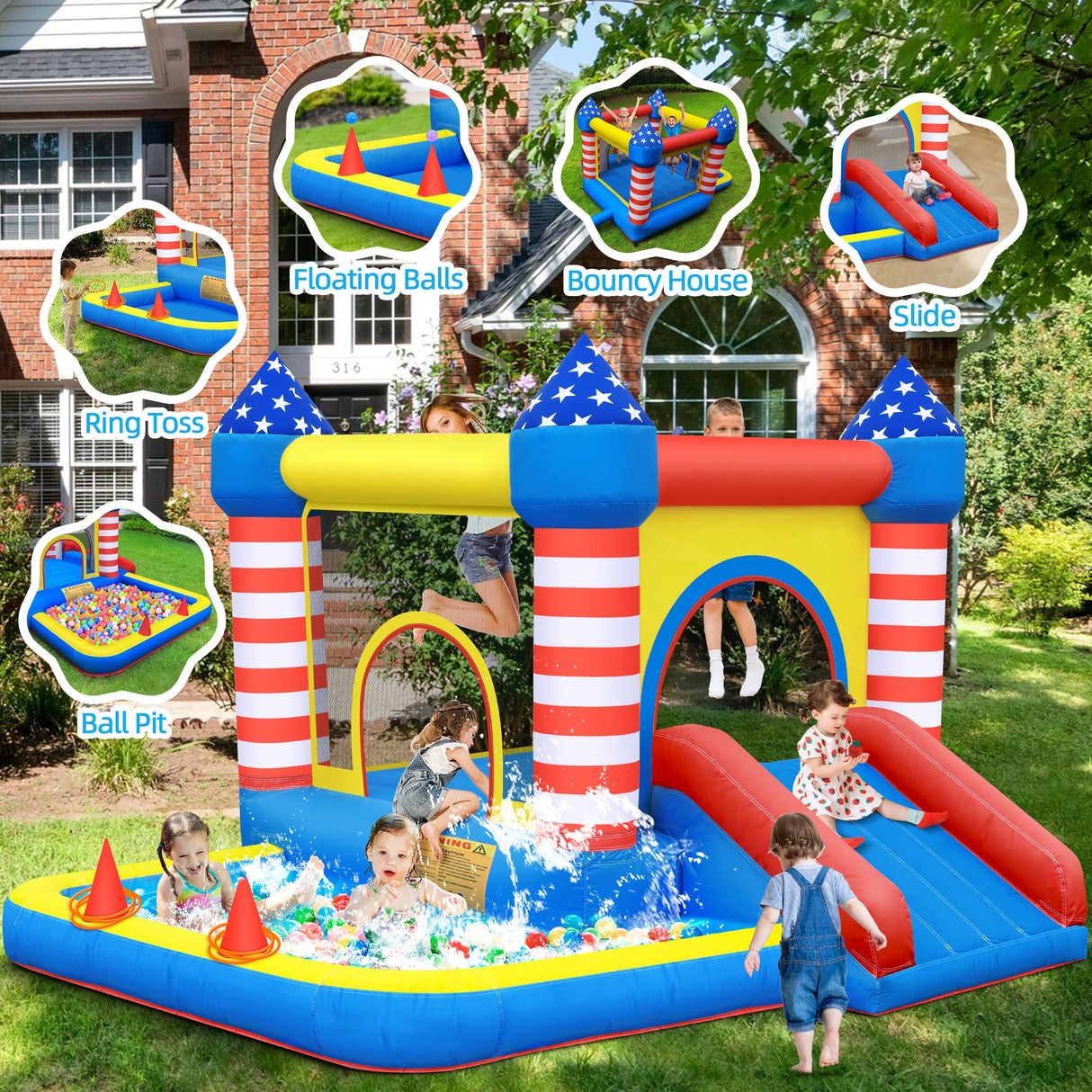 Culaluva Inflatable Bounce House: Bouncer Bouncy Castle 5 in 1 with Ball Pit & Slide for Kids Aged 3-8 - with 370W Blower & Storage Bag - Indoor Outdoor Play Stripes Style CulaLuva
