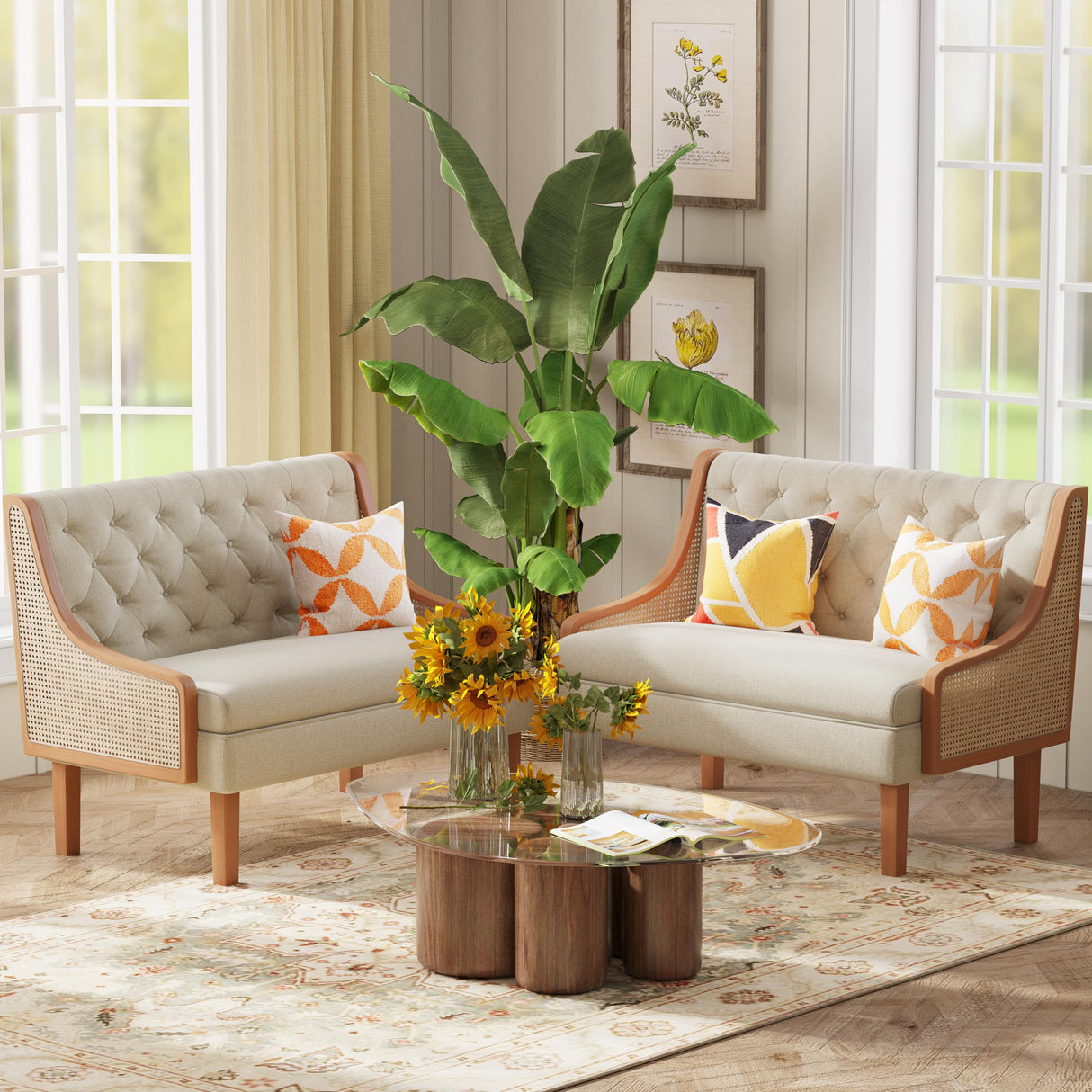 Andeworld Loveseat Settee Bench with Natural Rattan Arms,Upholstered Modern Mini Sofa Couch,Banquette Dining Bench Love Seat for Living Dining Room Bedroom Office Small Space Entryway,Beige Andeworld