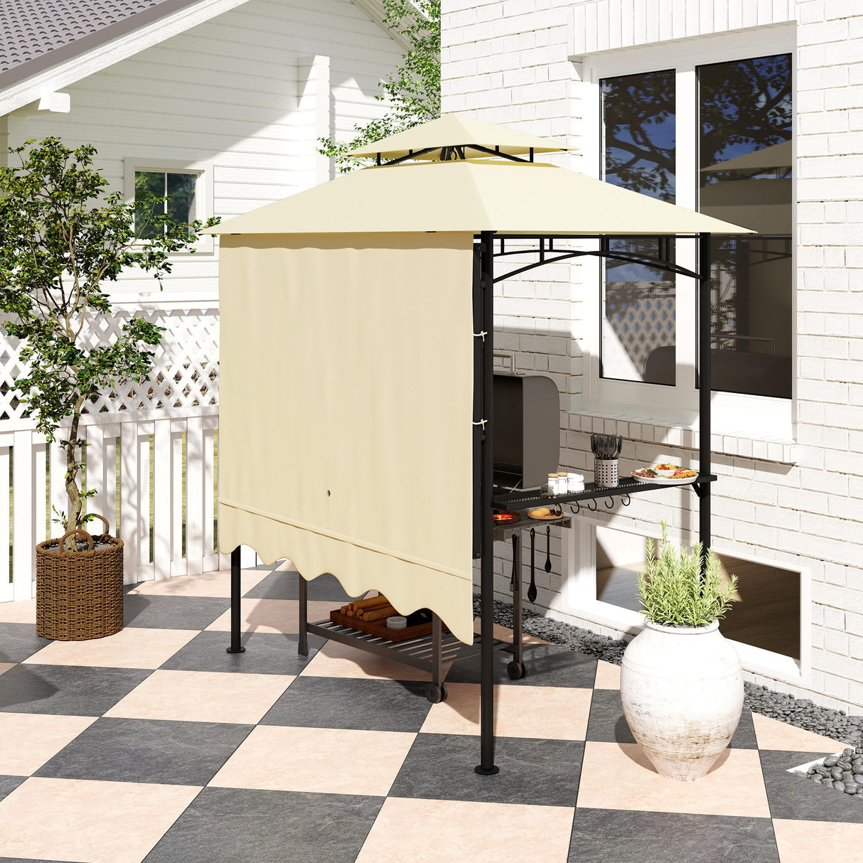 Outsunny 8' x 5' Grill Gazebo, Double Tiered Outdoor BBQ Gazebo with Side Awning, 2 Side Shelves and 6 Hooks for Patio, Deck, Yard, Beige Outsunny