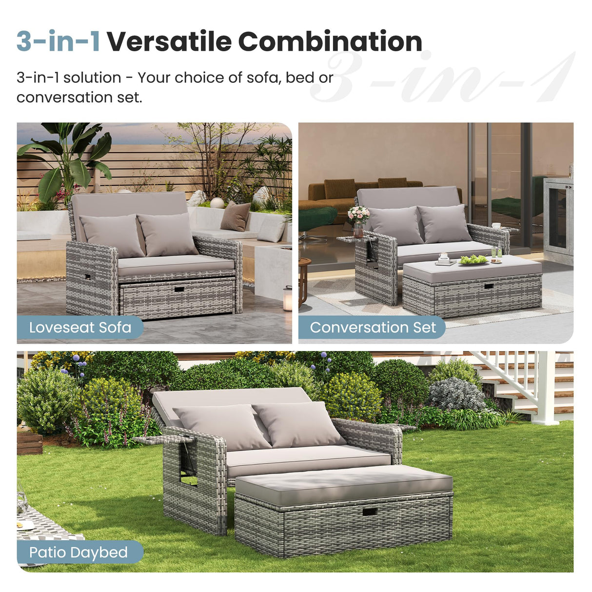 Amopatio Wicker Outdoor Daybed - Outdoor Loveseat with Storage Ottoman,4-Level Adjustable Backrest & Cushions, Patio Loveseat for Yard, Balcony, Porch, Garden, Poolside(Grey) Amopatio